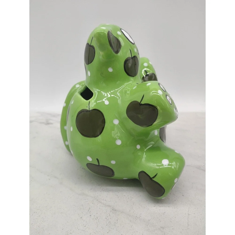 Ganz Ceramic Piggy Bank Kitty Cat Green Apples Painted Signed Pati 5 Inch